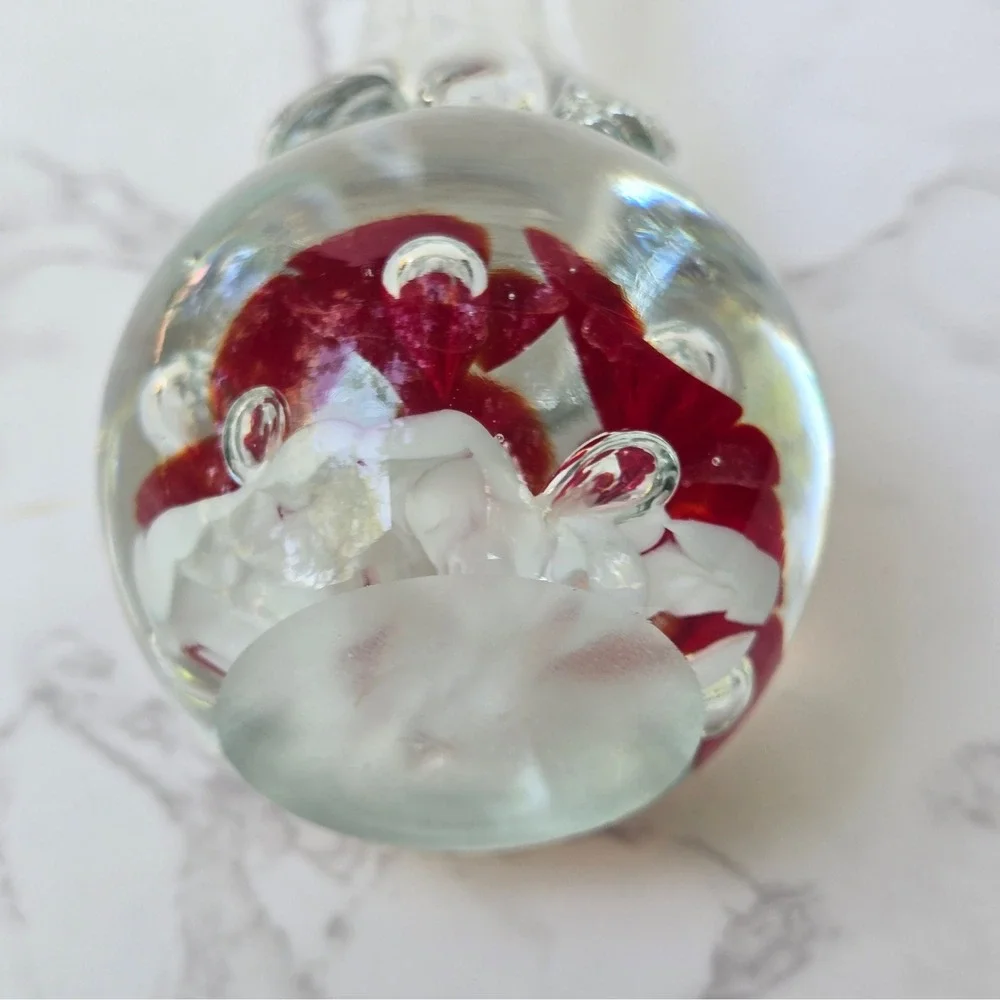 Vintage Paperweight Base Bud Vase  Art Glass Red White Flower Ruffled Rim 7.5 in